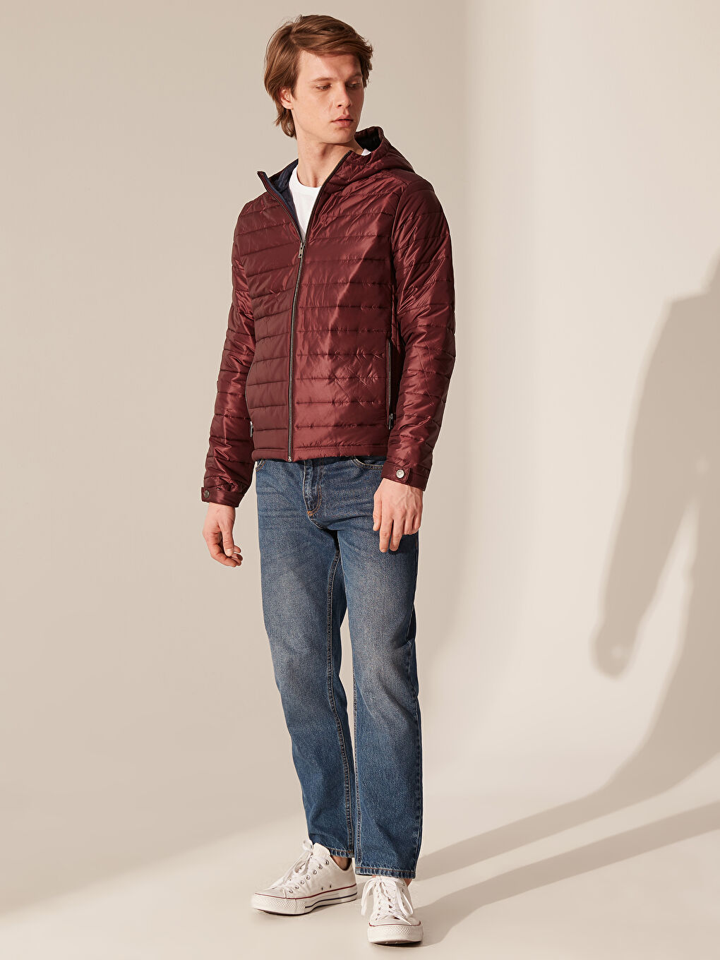 Bordo Bol Kalıp Dik Yaka Erkek Şişme Mont-4