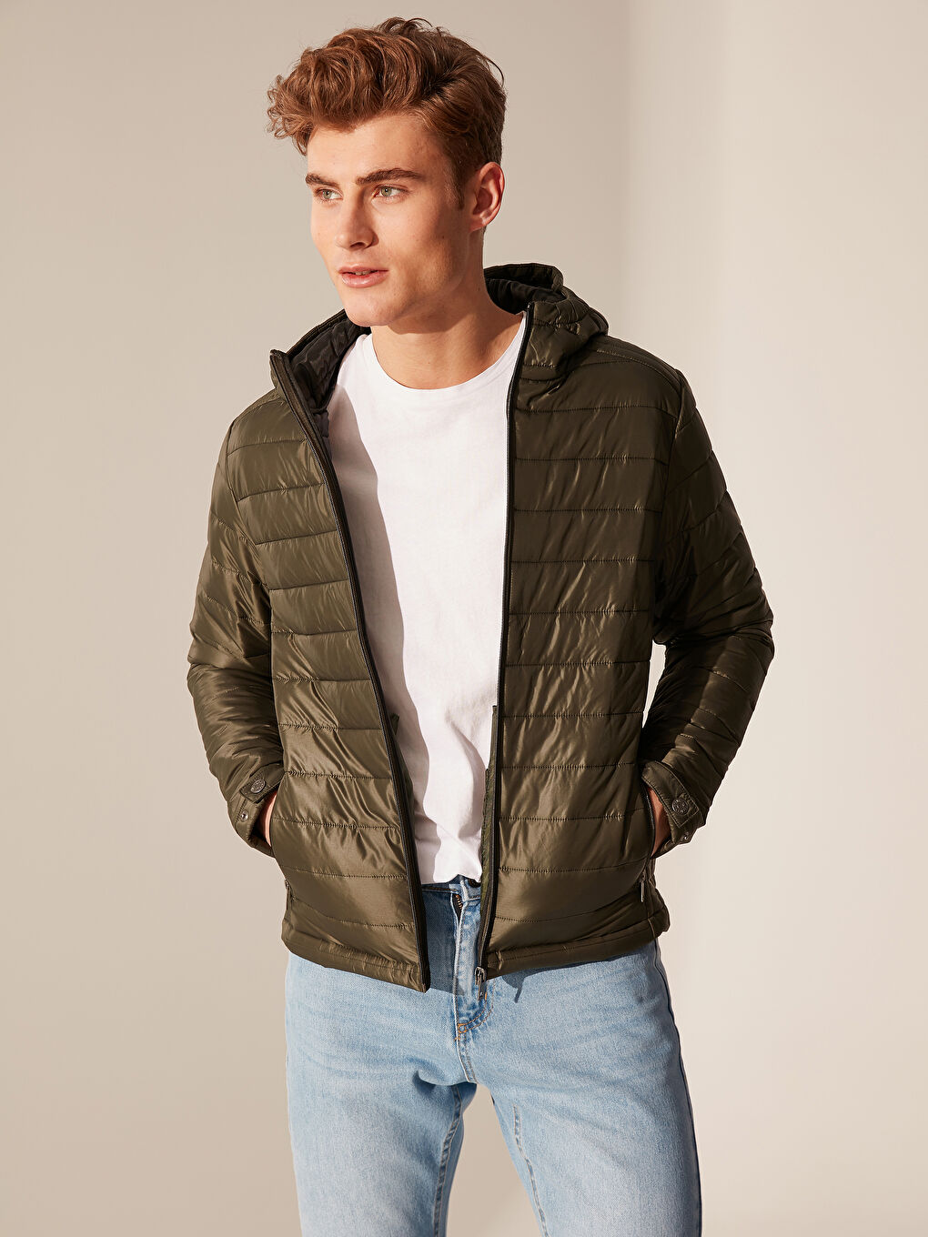 Haki Bol Kalıp Dik Yaka Erkek Şişme Mont