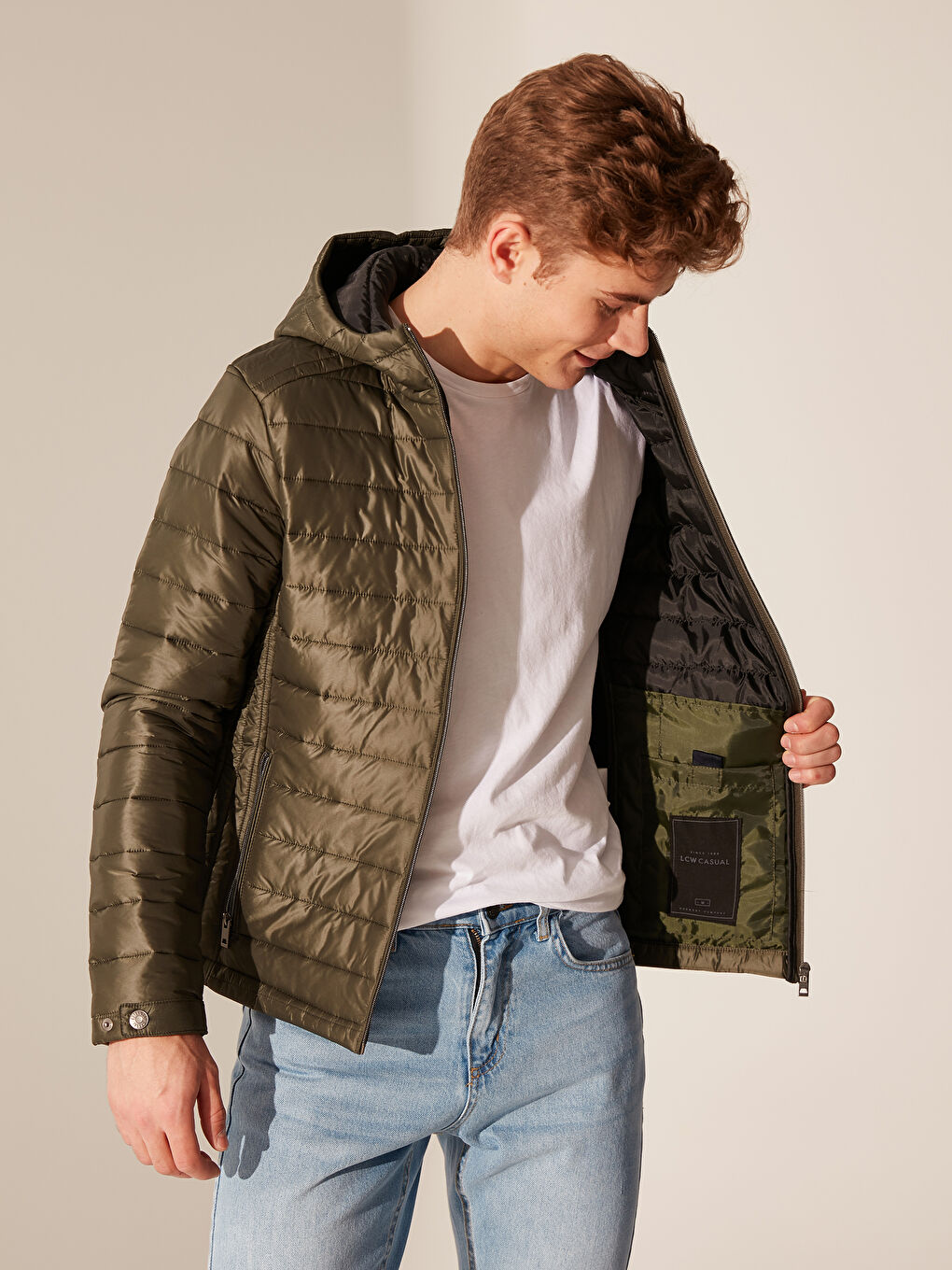 Haki Bol Kalıp Dik Yaka Erkek Şişme Mont-3