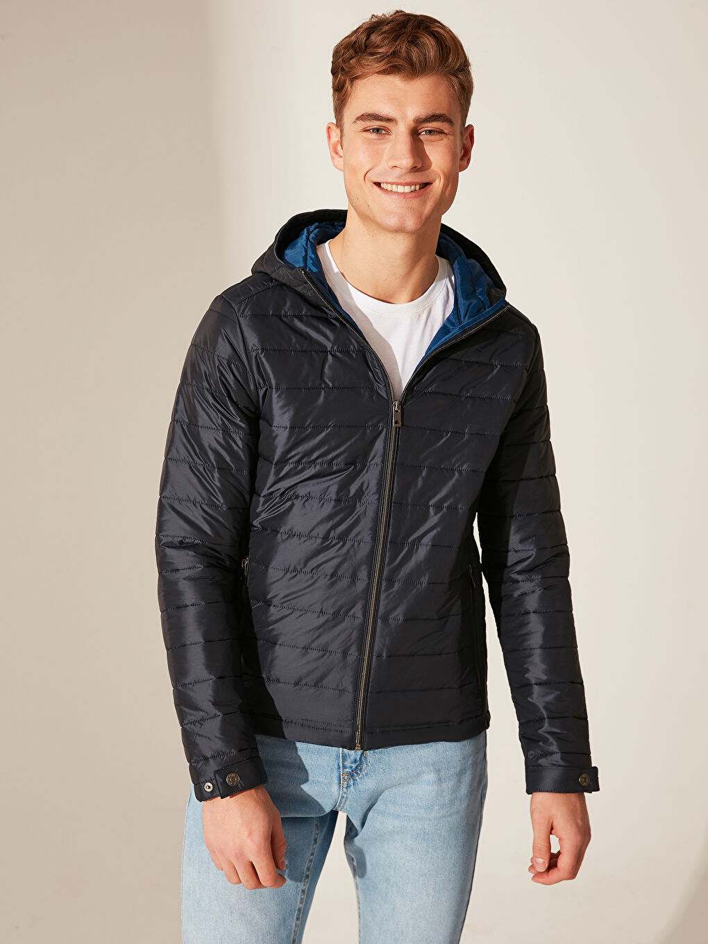 Lacivert Bol Kalıp Dik Yaka Erkek Şişme Mont