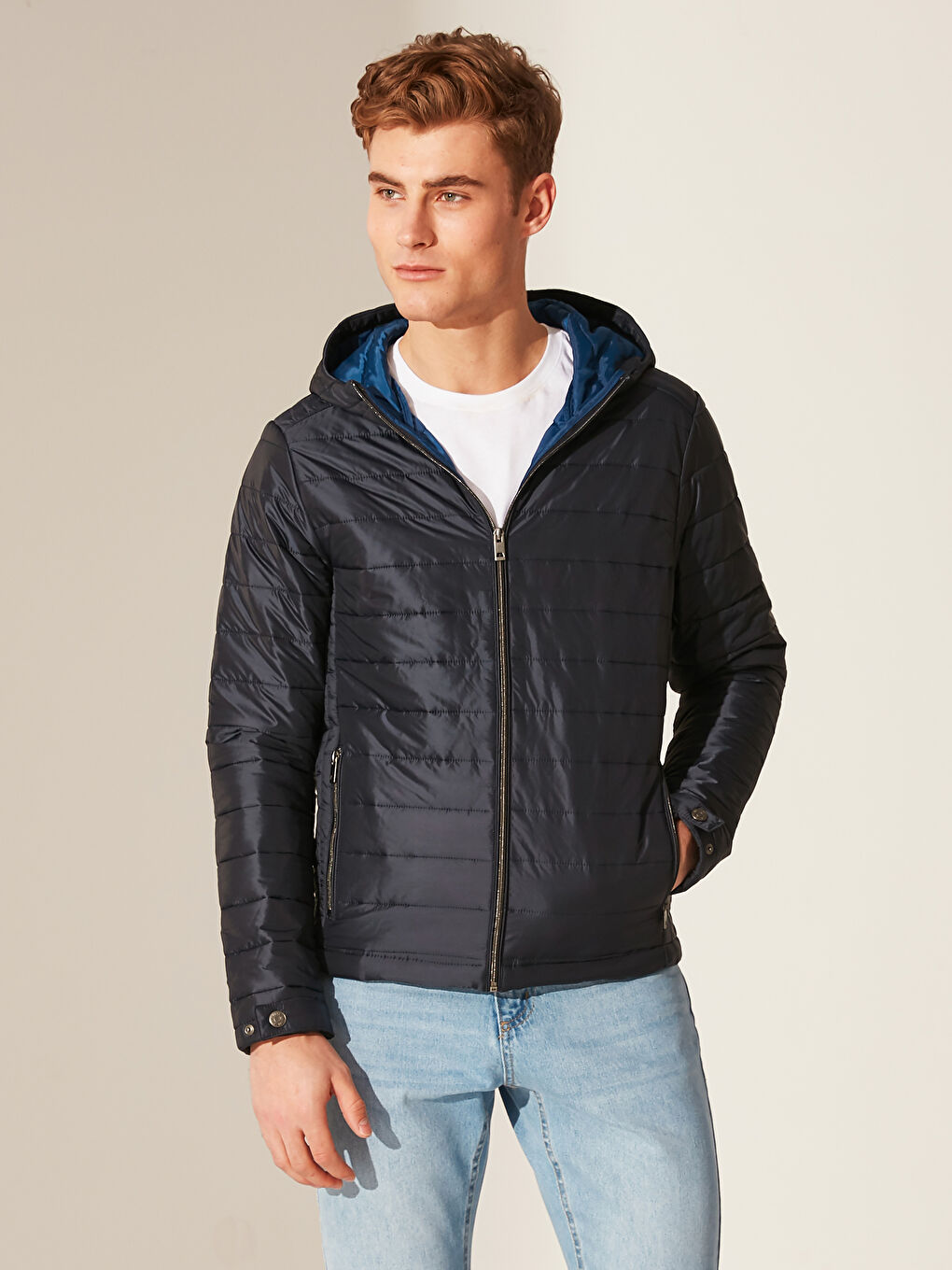 Lacivert Bol Kalıp Dik Yaka Erkek Şişme Mont-1