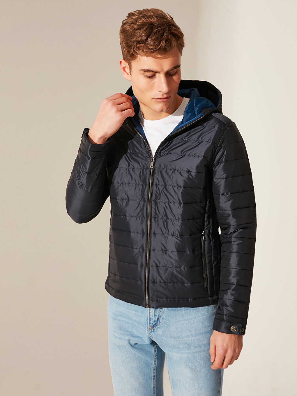 Lacivert Bol Kalıp Dik Yaka Erkek Şişme Mont-2