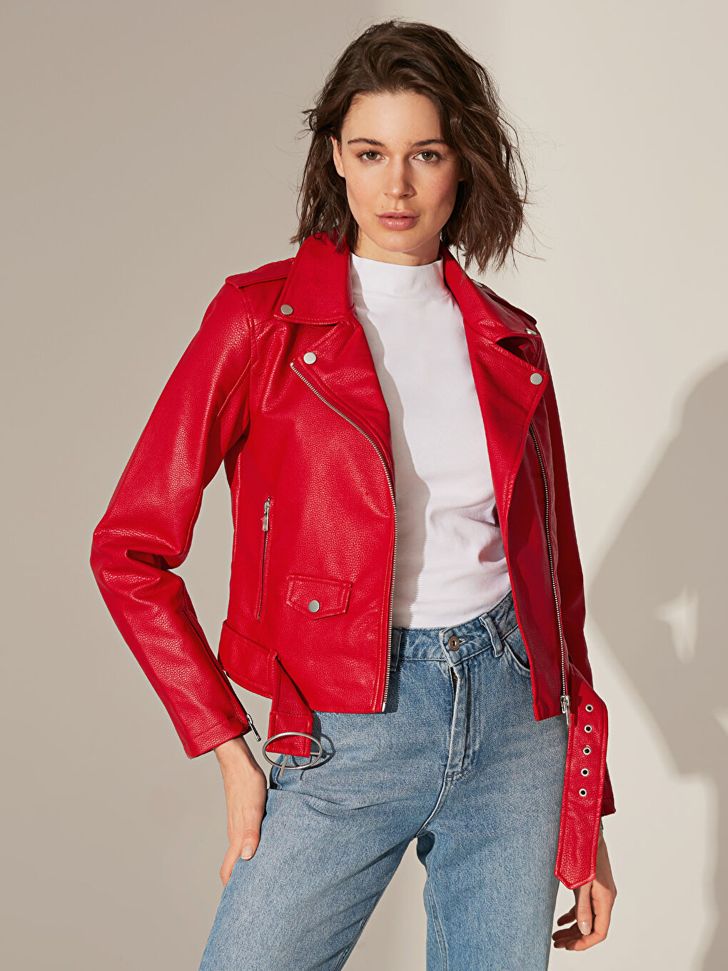 Shirt Collar Long Sleeve Women's Leather Look Coat