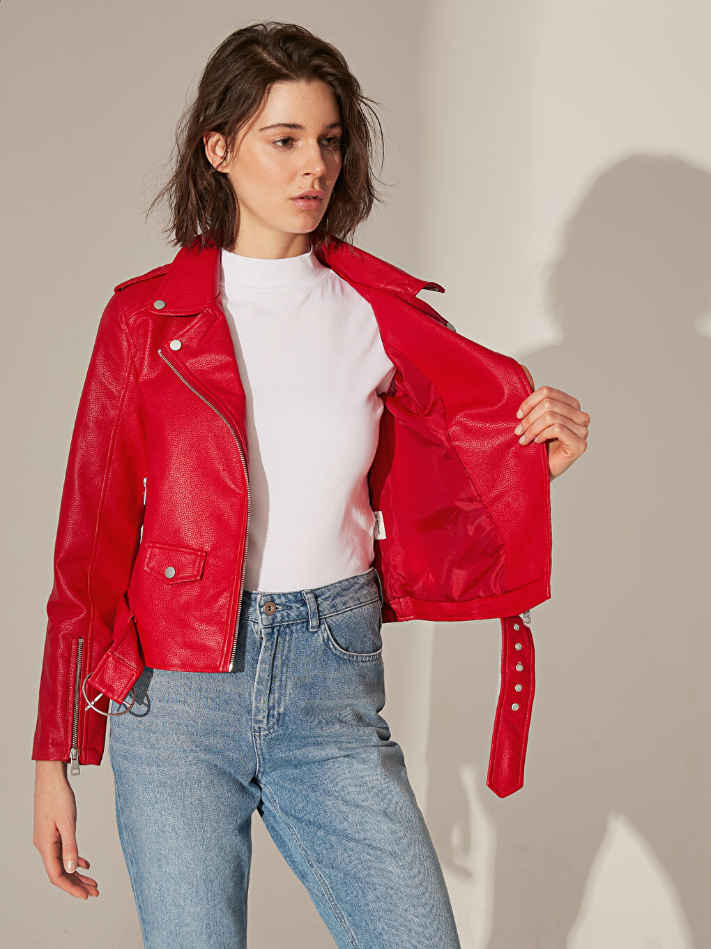 Shirt Collar Long Sleeve Women's Leather Look Coat-1