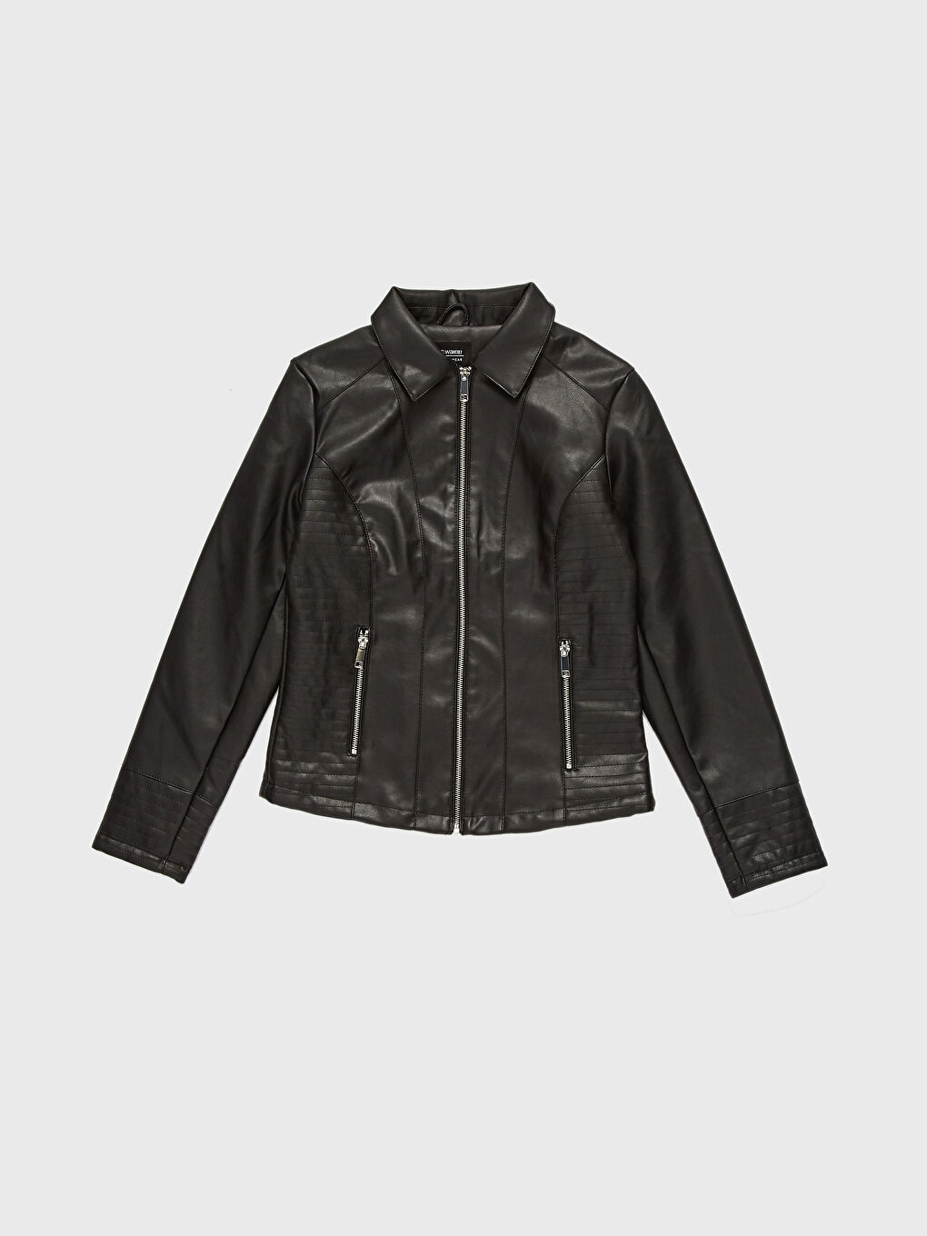 Siyah Uzun Kollu Kadın Deri Görünümlü Mont-1