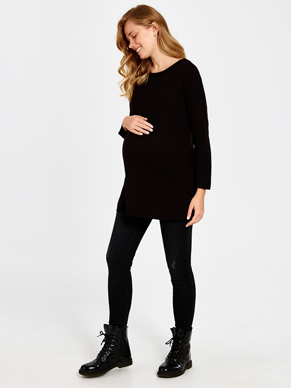 Siyah Bisiklet Yaka Uzun Kollu Hamile Mercury Skinny Jean Pantolon