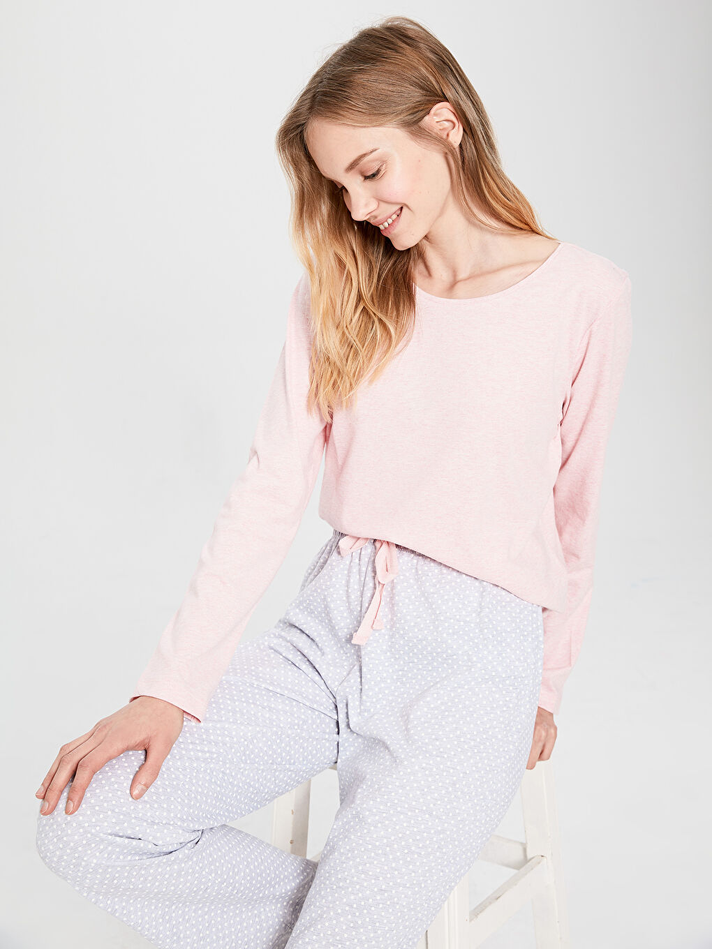 Gri Bisiklet Yaka Uzun Kollu Kadın Pijama Takım