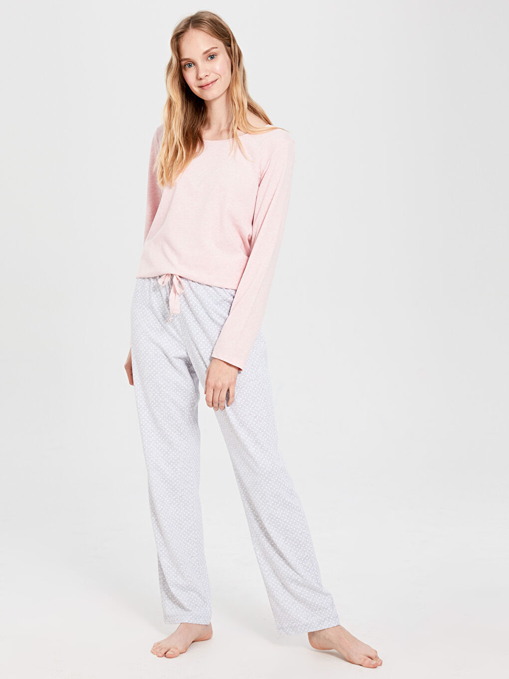 Gri Bisiklet Yaka Uzun Kollu Kadın Pijama Takım-1