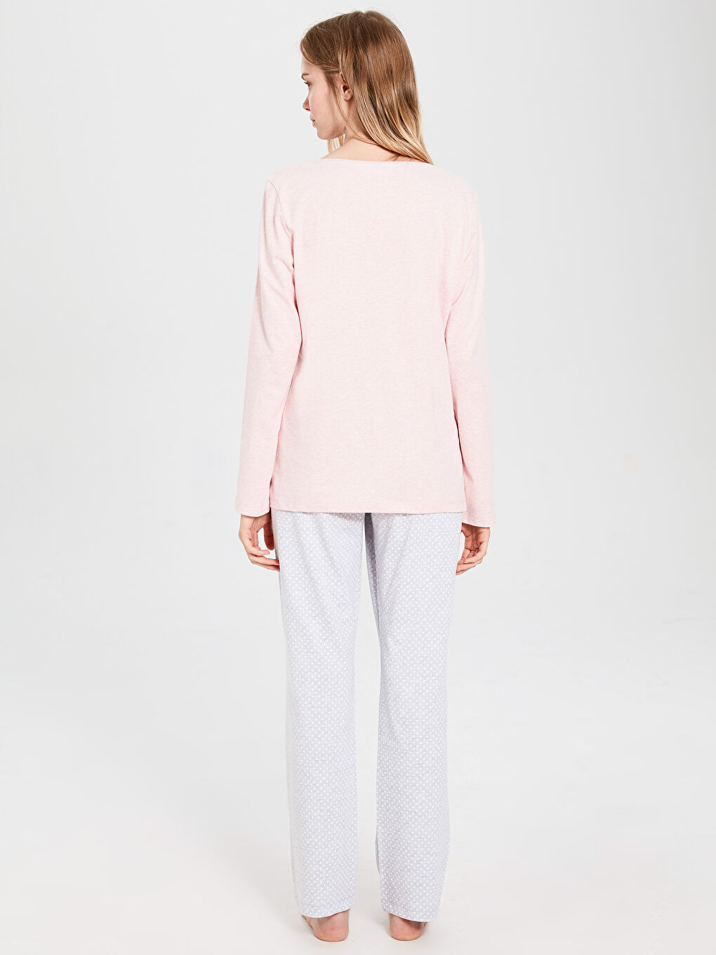 Gri Bisiklet Yaka Uzun Kollu Kadın Pijama Takım-3