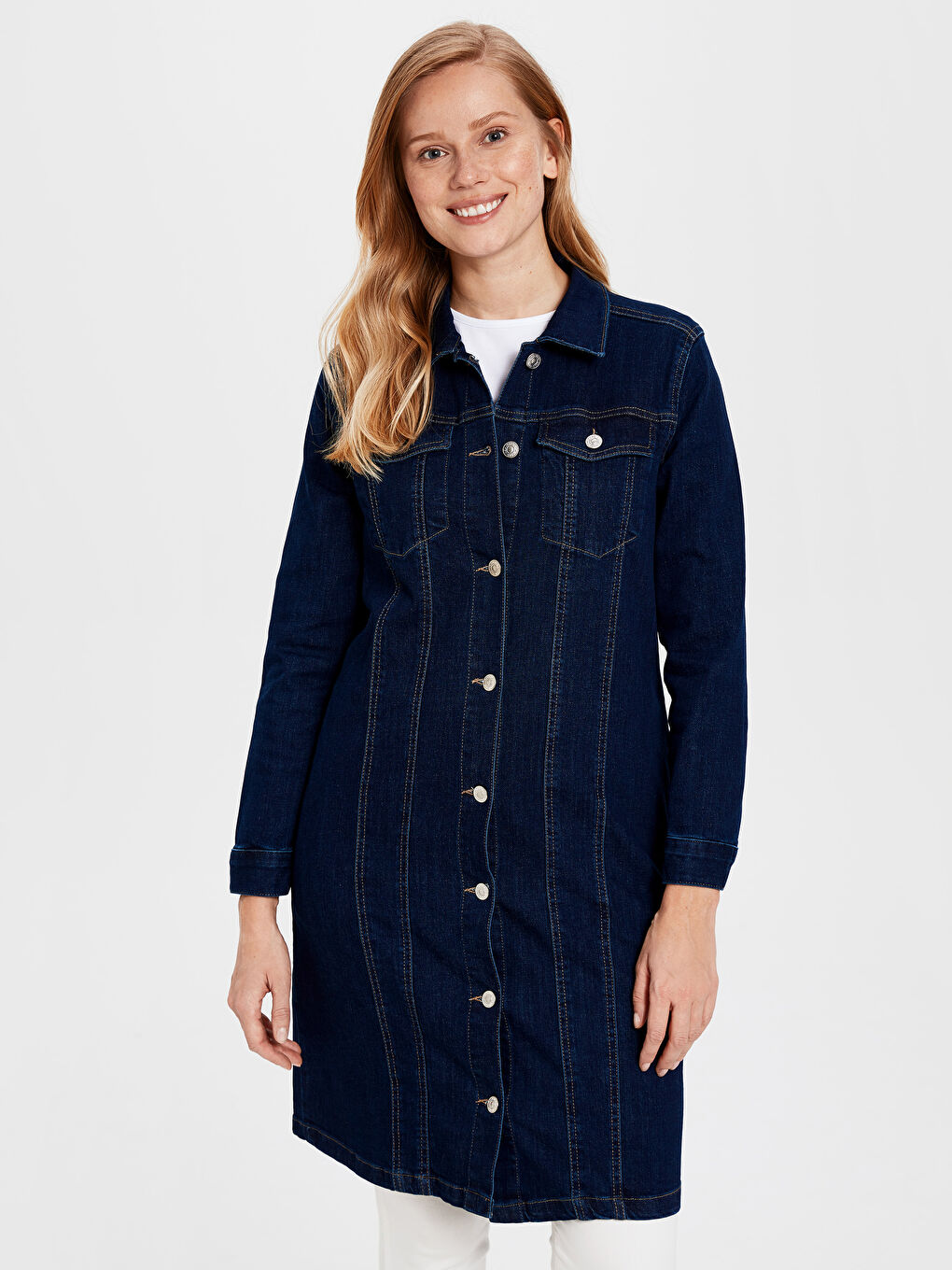 جاكيت ياقة عادي كم طويل للسيدات سترة جينز-1