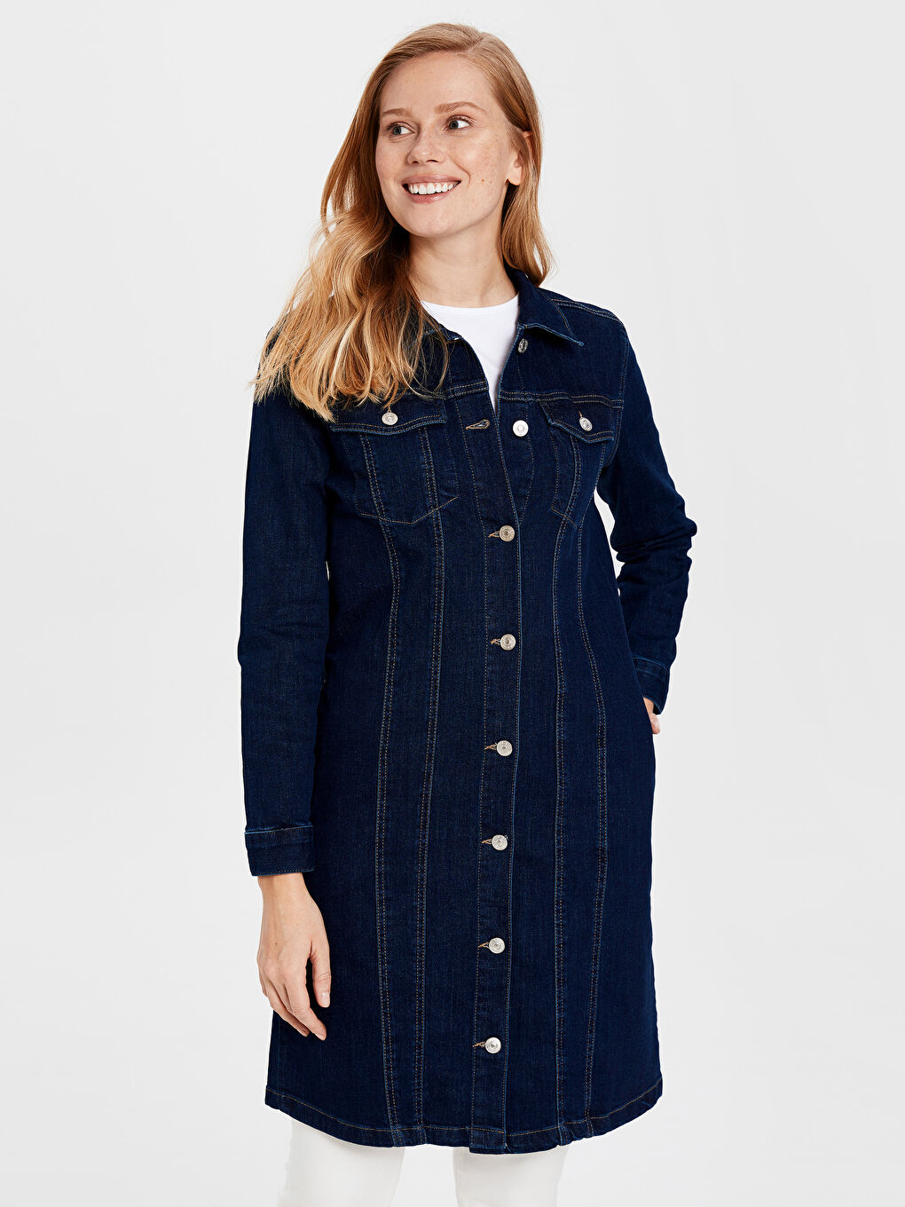 جاكيت ياقة عادي كم طويل للسيدات سترة جينز-2