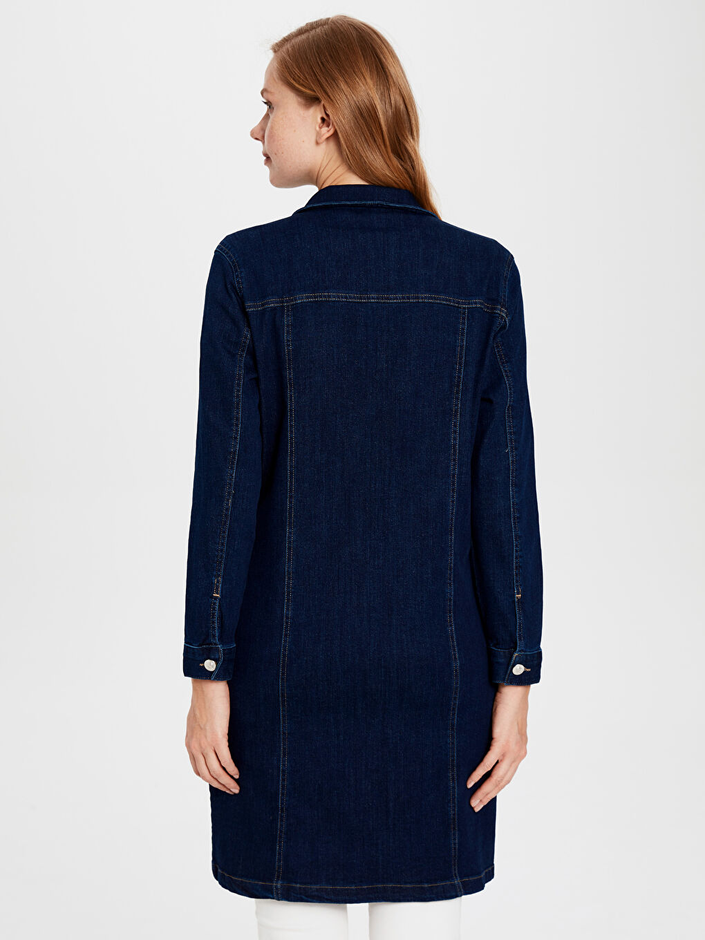 جاكيت ياقة عادي كم طويل للسيدات سترة جينز-3