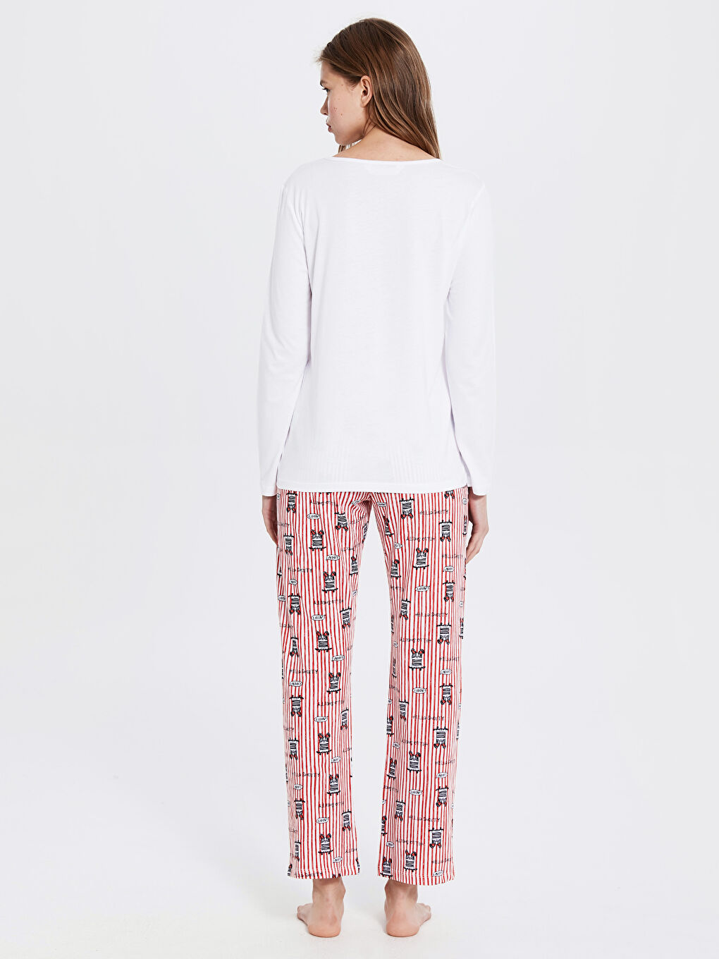 әйелдерге арналған ұзын жең дөңгелек жағалы пижама жинағы-2