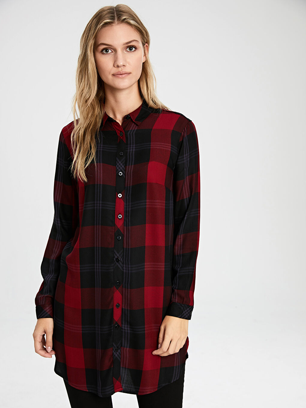 Standard Fit Long Sleeve Gabardine Women Plaid Viscose Tunic