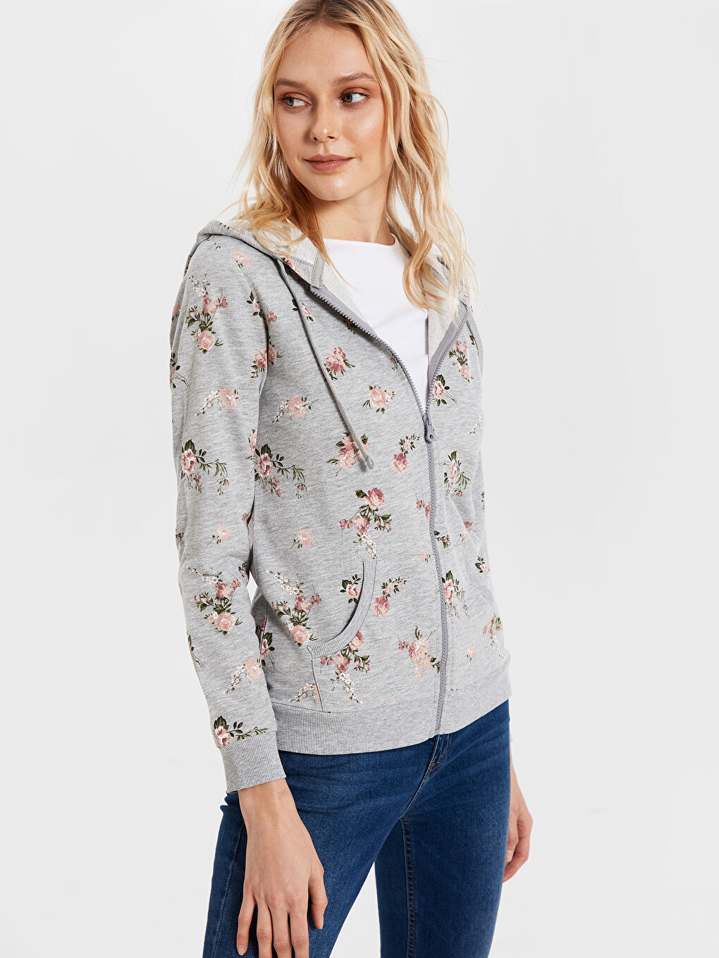 Gri Kapüşonlu Desenli Uzun Kollu Kadın Fermuarlı Sweatshirt