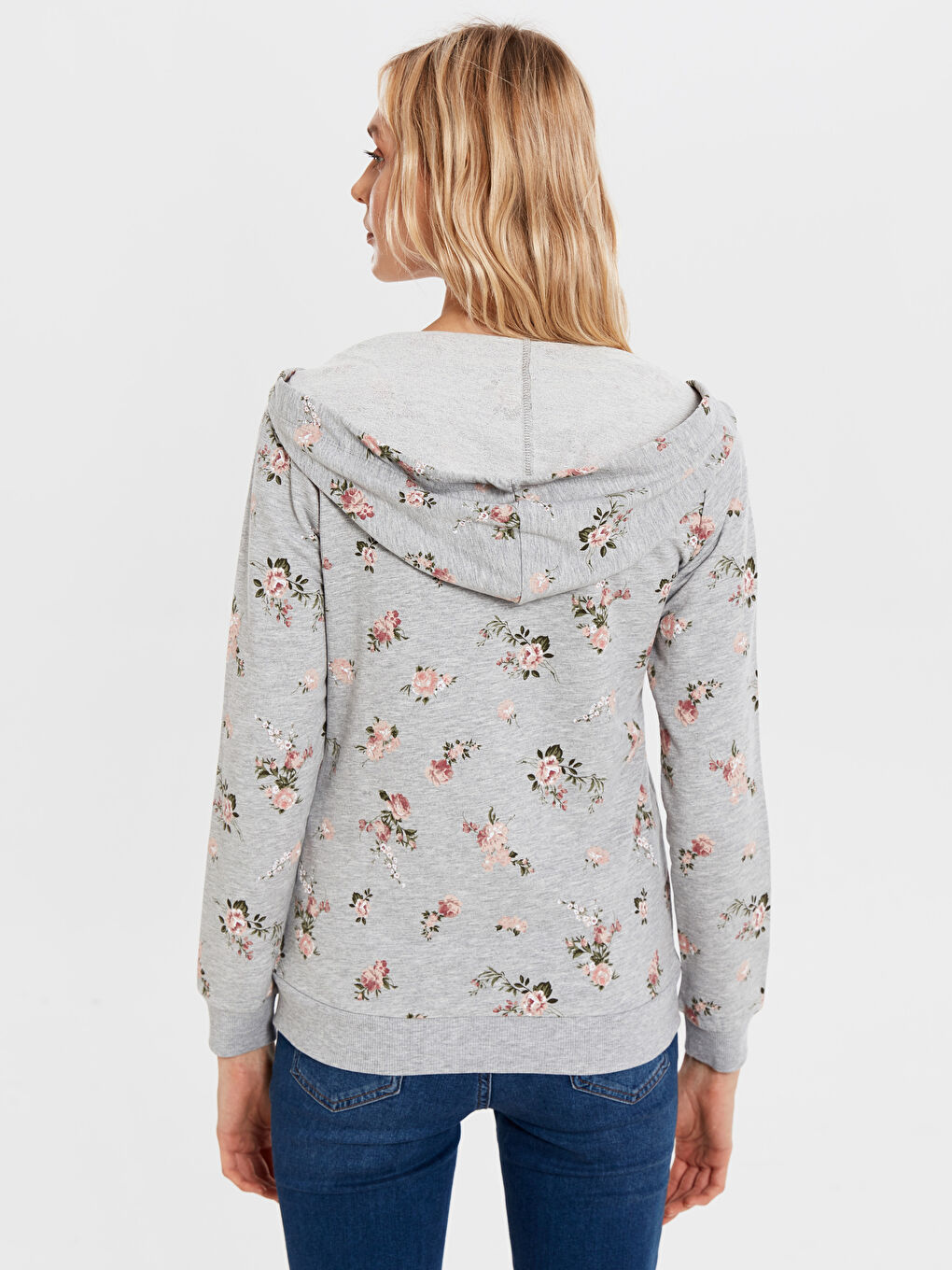Gri Kapüşonlu Desenli Uzun Kollu Kadın Fermuarlı Sweatshirt-3