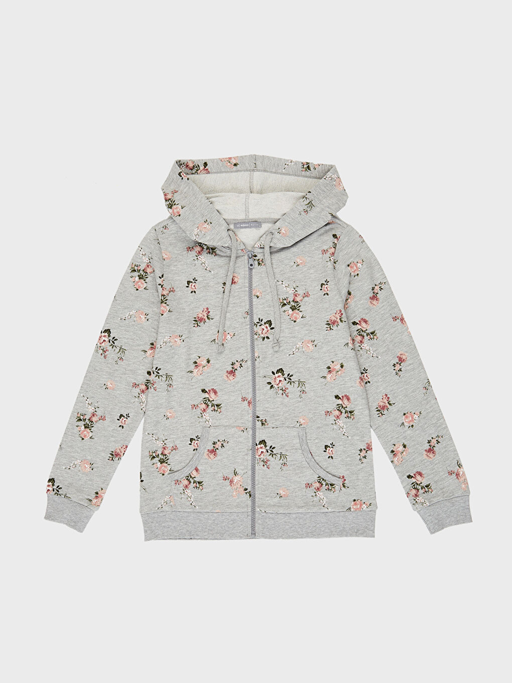 Gri Kapüşonlu Desenli Uzun Kollu Kadın Fermuarlı Sweatshirt-1