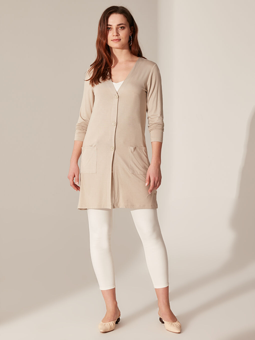 Bej Uzun Kollu Kadın Hırka-3