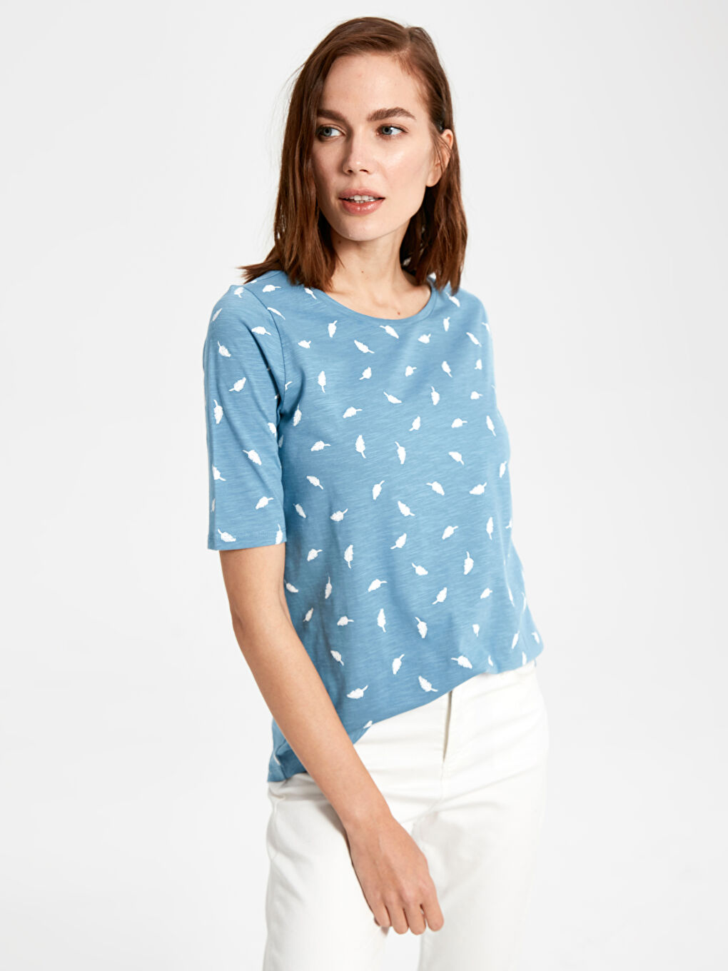 Crew Neck Short-Sleeve Patterned Cotton Women's T-Shirt