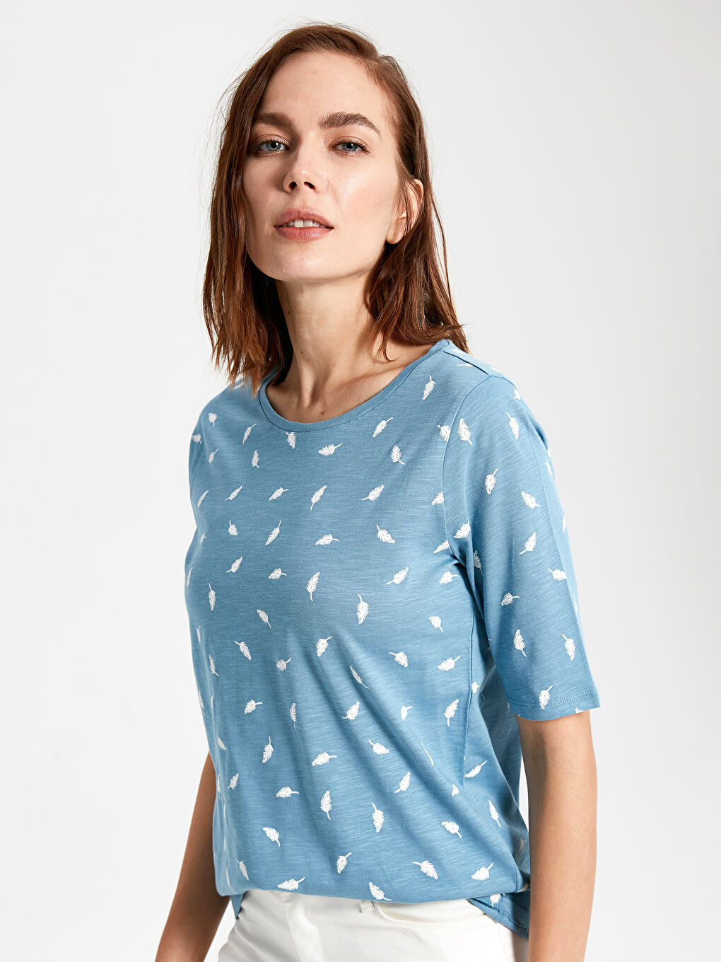 Crew Neck Short-Sleeve Patterned Cotton Women's T-Shirt-1
