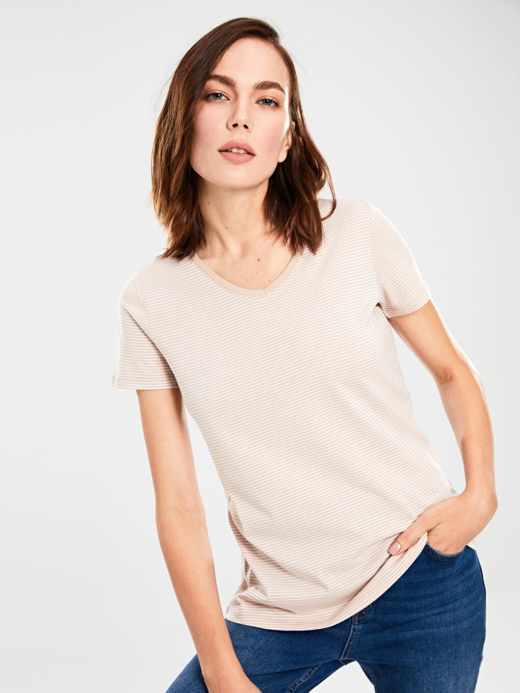 Striped V-neck T-shirt-1