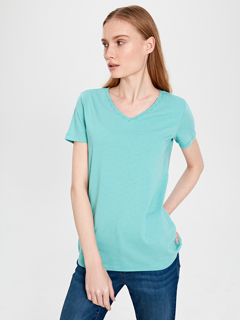 Striped V-neck T-shirt-1
