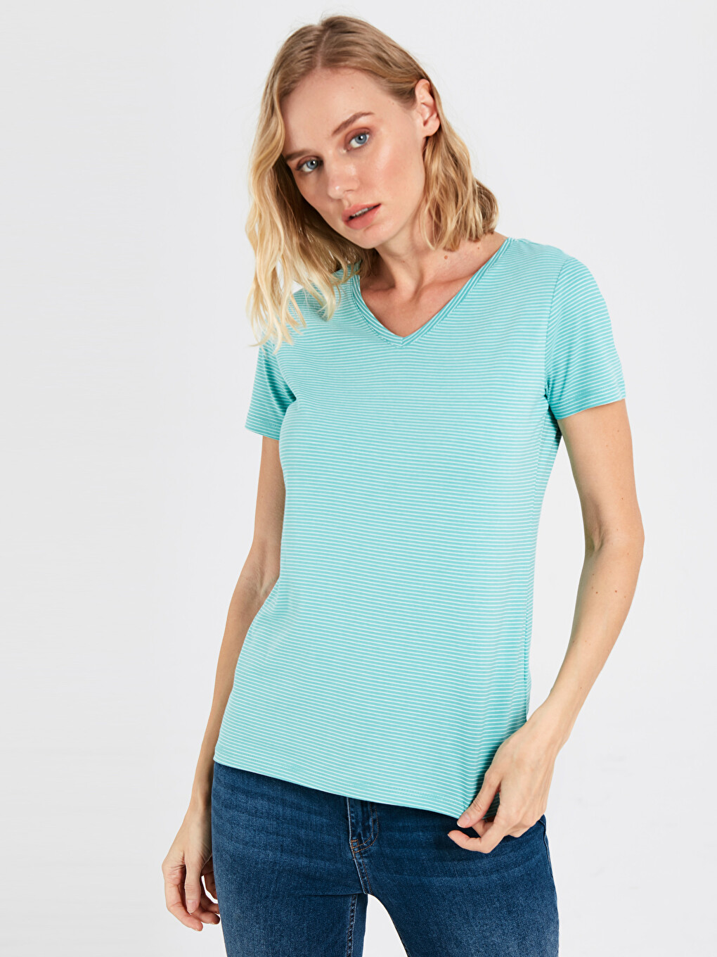 Striped V Neck Short Sleeve Shirts