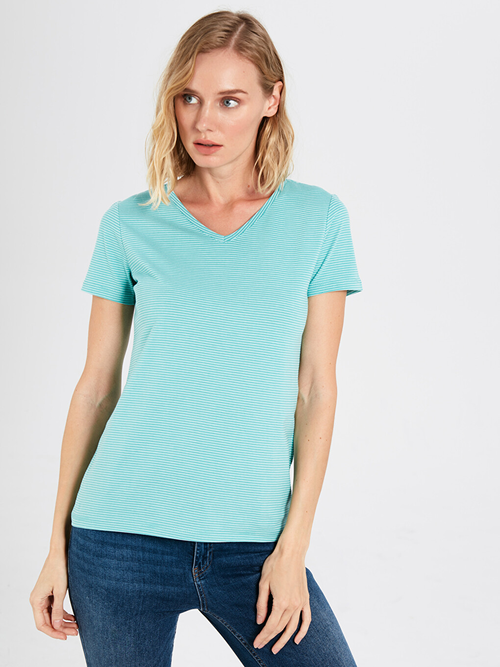 Striped V Neck Short Sleeve Shirts-1