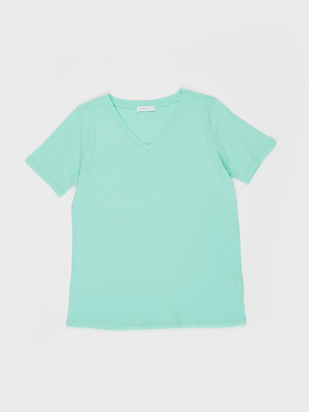 Yeşil V  Yaka Düz Kısa Kollu Pamuklu Kadın Tişört-1