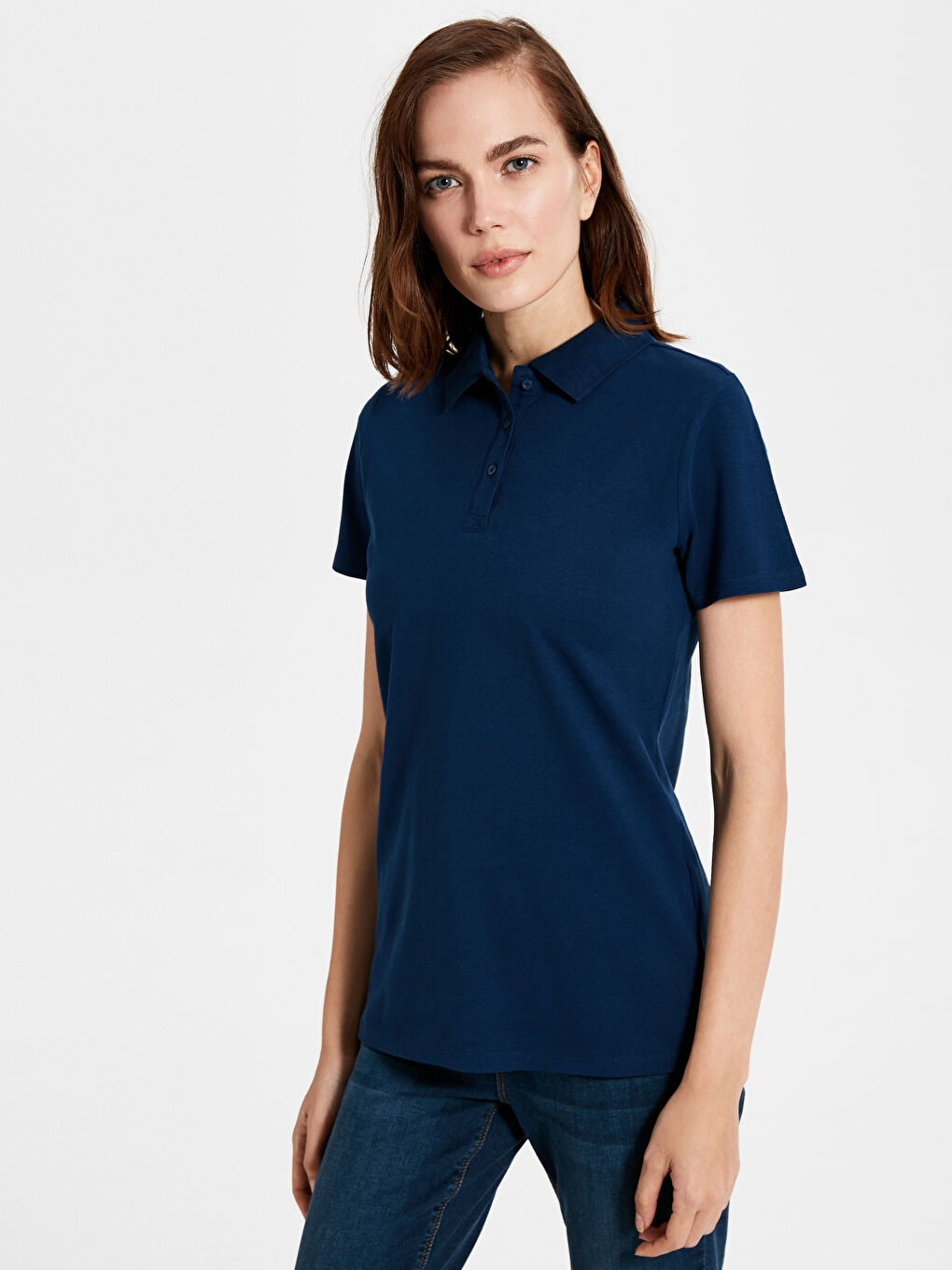 Lacivert Polo Yaka Düz Kısa Kollu Pamuklu Kadın Tişört-1