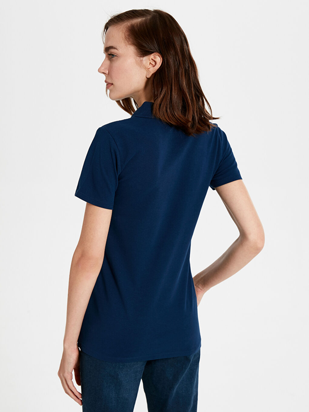 Lacivert Polo Yaka Düz Kısa Kollu Pamuklu Kadın Tişört-2