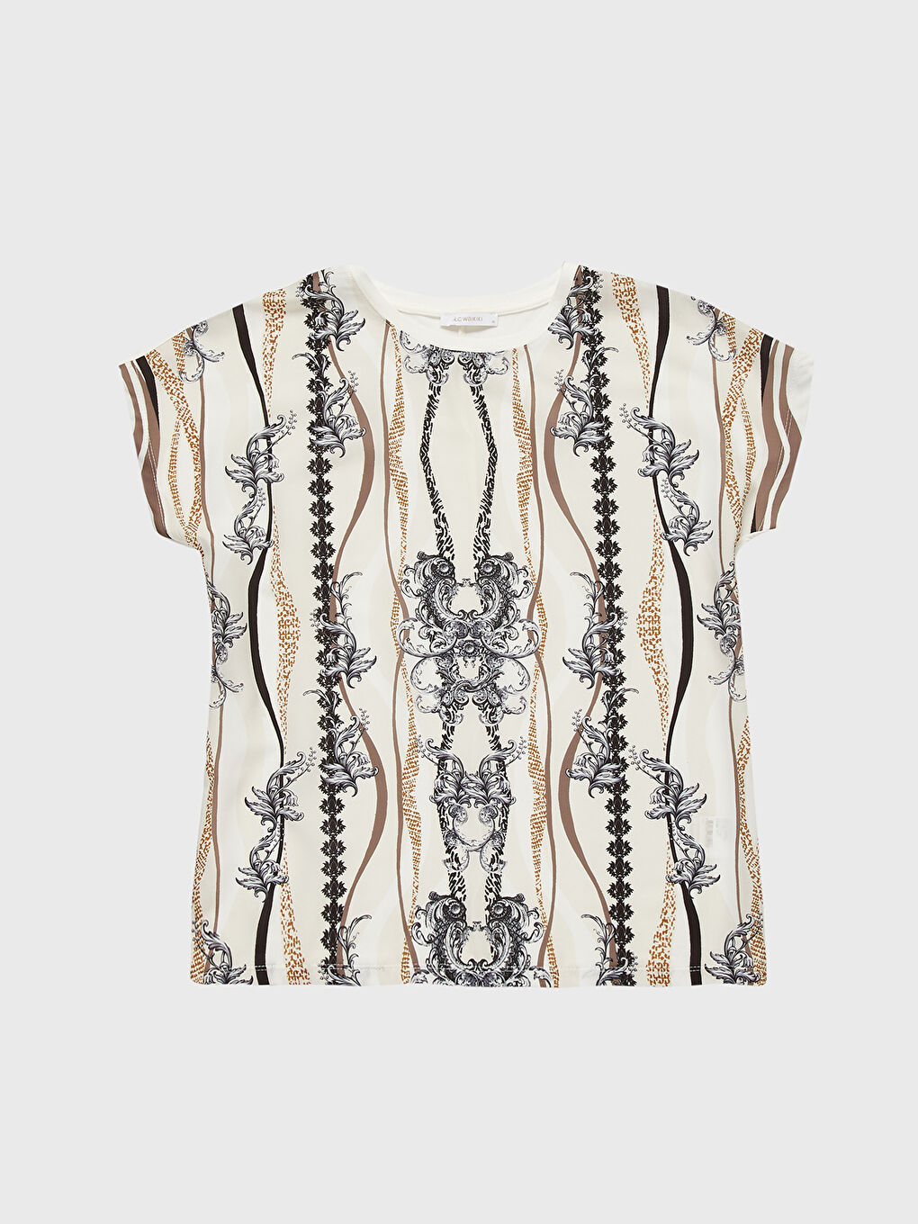 Bej Bisiklet Yaka Kısa Kollu Kadın Tişört-1