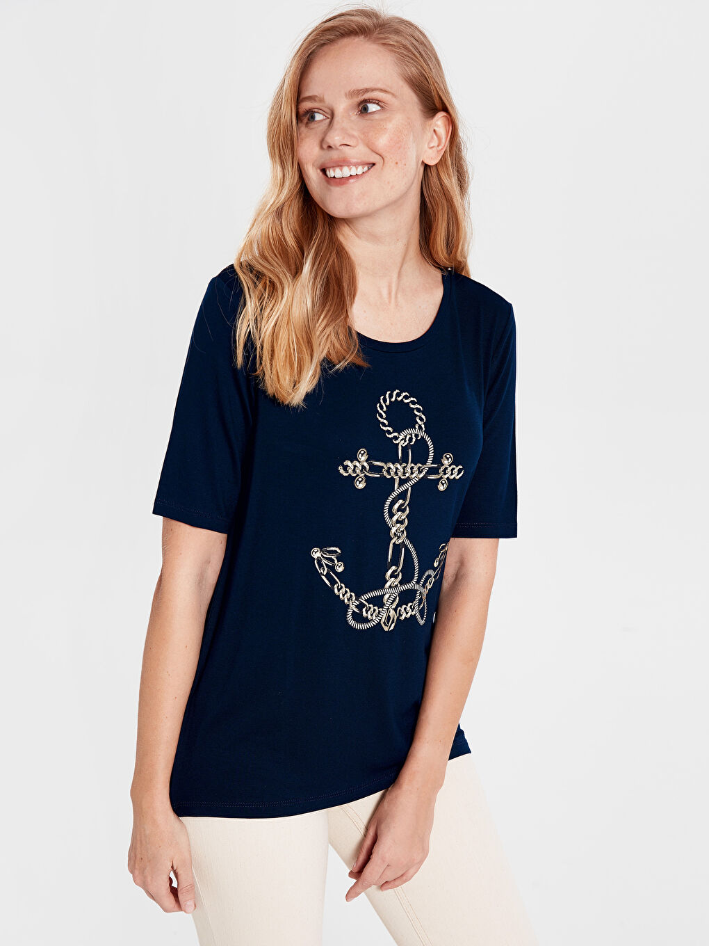 Lacivert Bisiklet Yaka Kısa Kollu Kadın Tişört-1