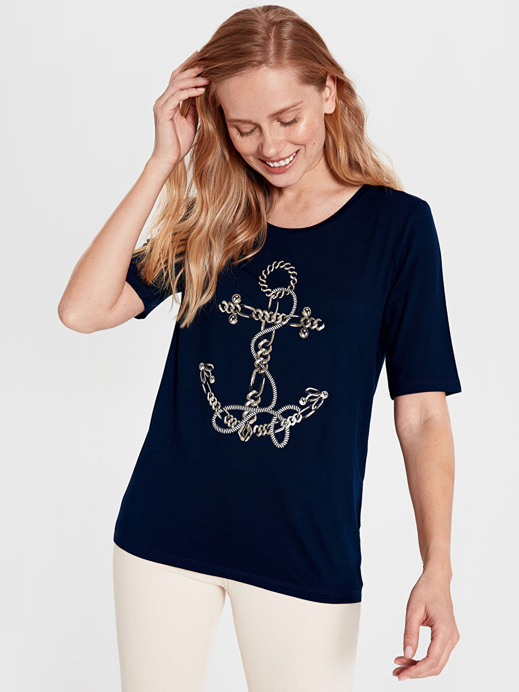 Lacivert Bisiklet Yaka Kısa Kollu Kadın Tişört-2