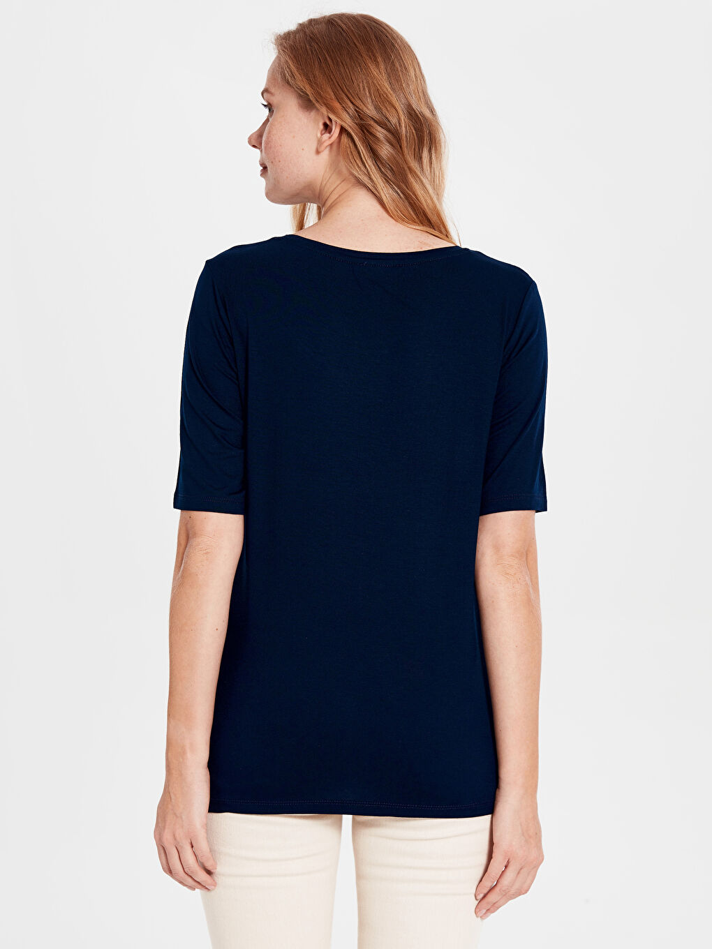 Lacivert Bisiklet Yaka Kısa Kollu Kadın Tişört-3