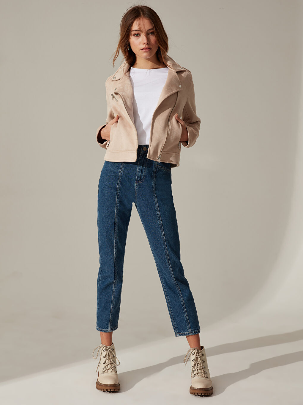 Bej Deri Görünümlü Mont-3