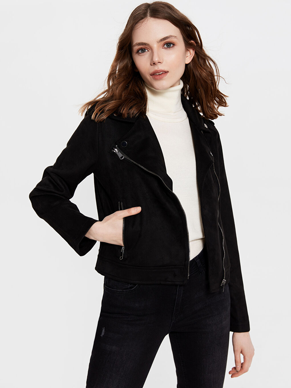 Siyah Süet Görünümlü Uzun Kollu Kadın Biker Mont