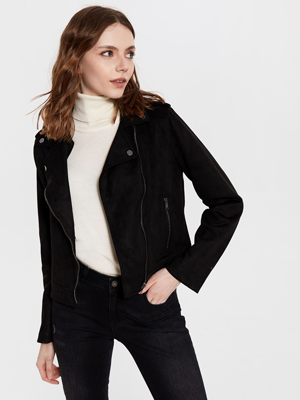 Siyah Süet Görünümlü Uzun Kollu Kadın Biker Mont-1
