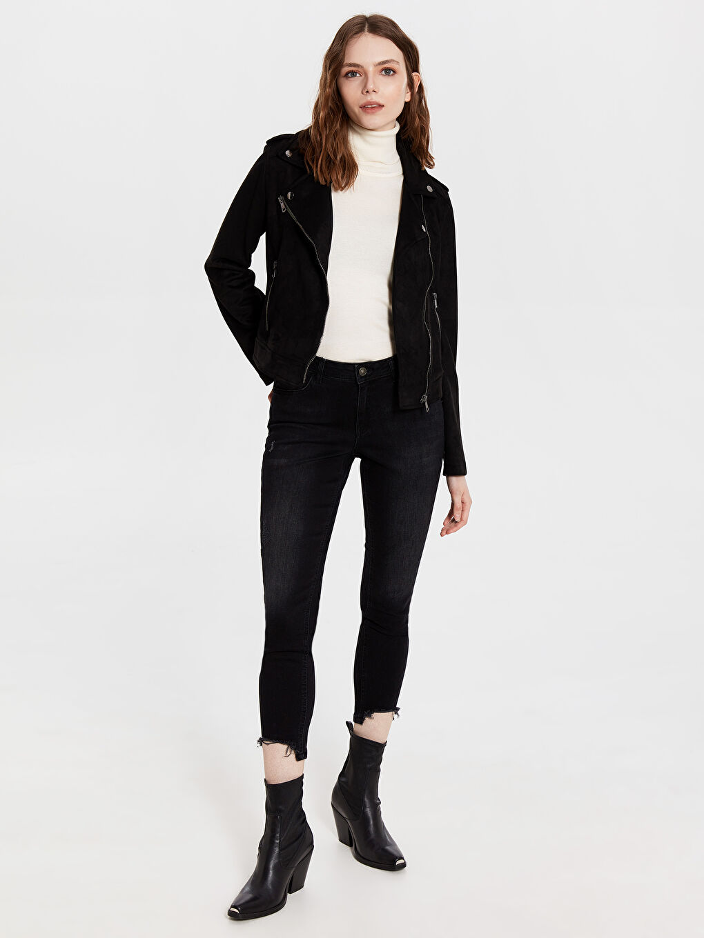 Siyah Süet Görünümlü Uzun Kollu Kadın Biker Mont-2