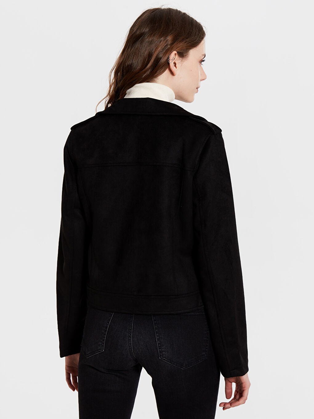 Siyah Süet Görünümlü Uzun Kollu Kadın Biker Mont-3
