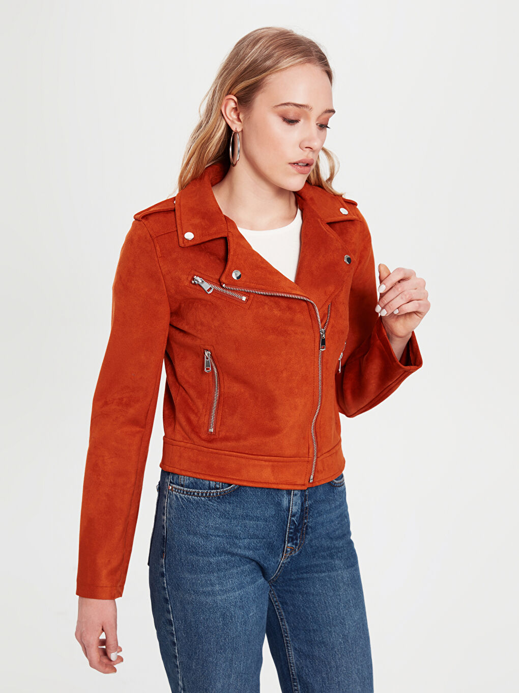 Kahverengi Kadın Biker Yaka Düz Deri Görünümlü Mont-6