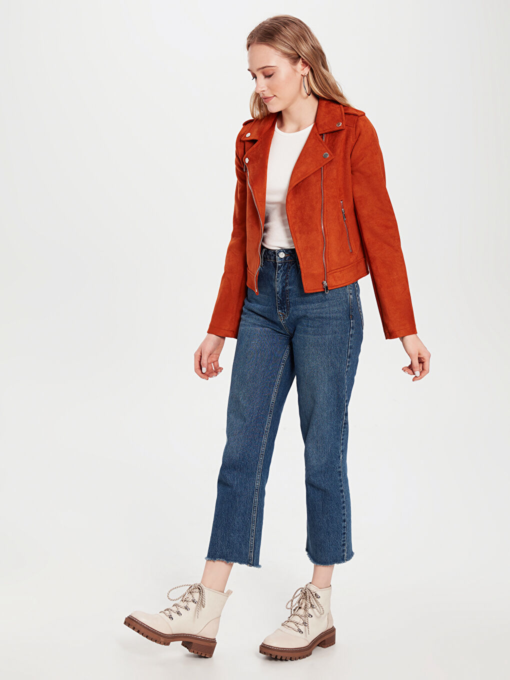 Kahverengi Kadın Biker Yaka Düz Deri Görünümlü Mont-7