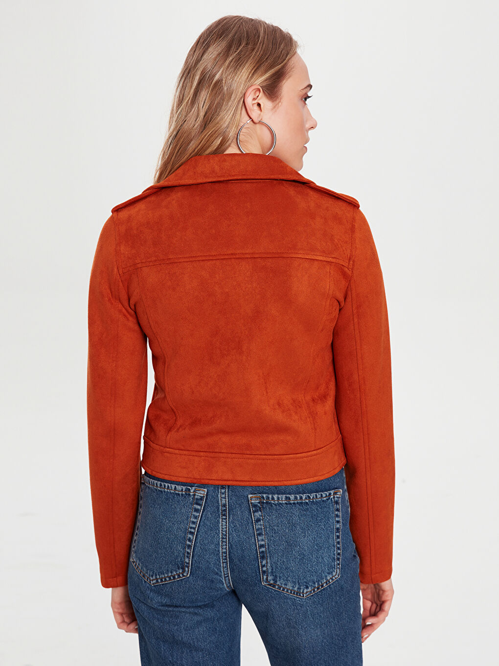 Kahverengi Kadın Biker Yaka Düz Deri Görünümlü Mont-8