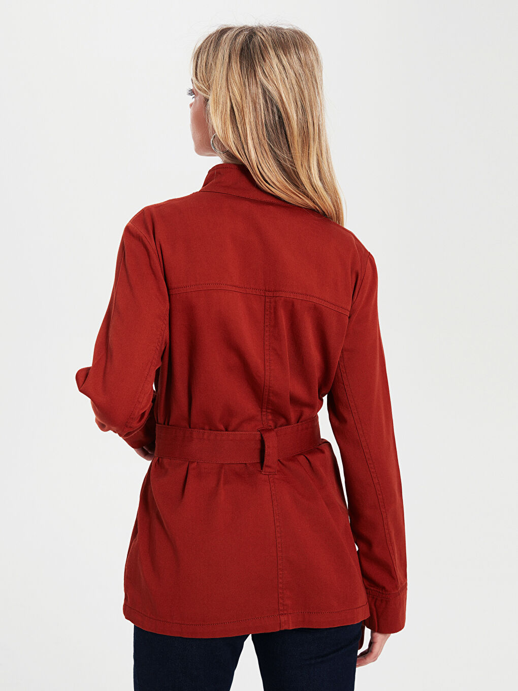 Turuncu Kuşaklı Dik Yak Uzun Kollu Kadın İnce Mont-3