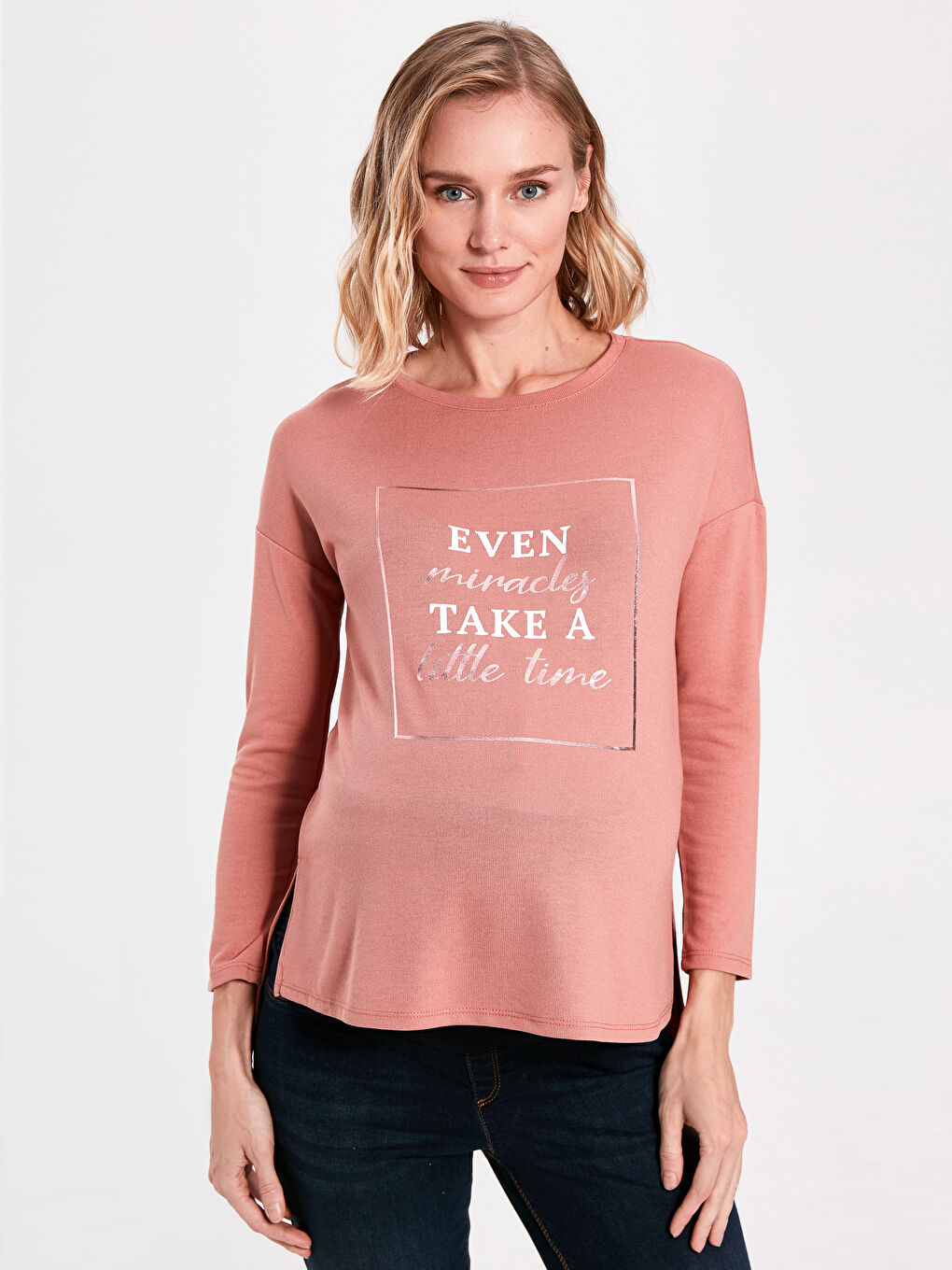 Pembe Bisiklet Yaka Uzun Kollu Hamile Slogan Baskılı Tişört