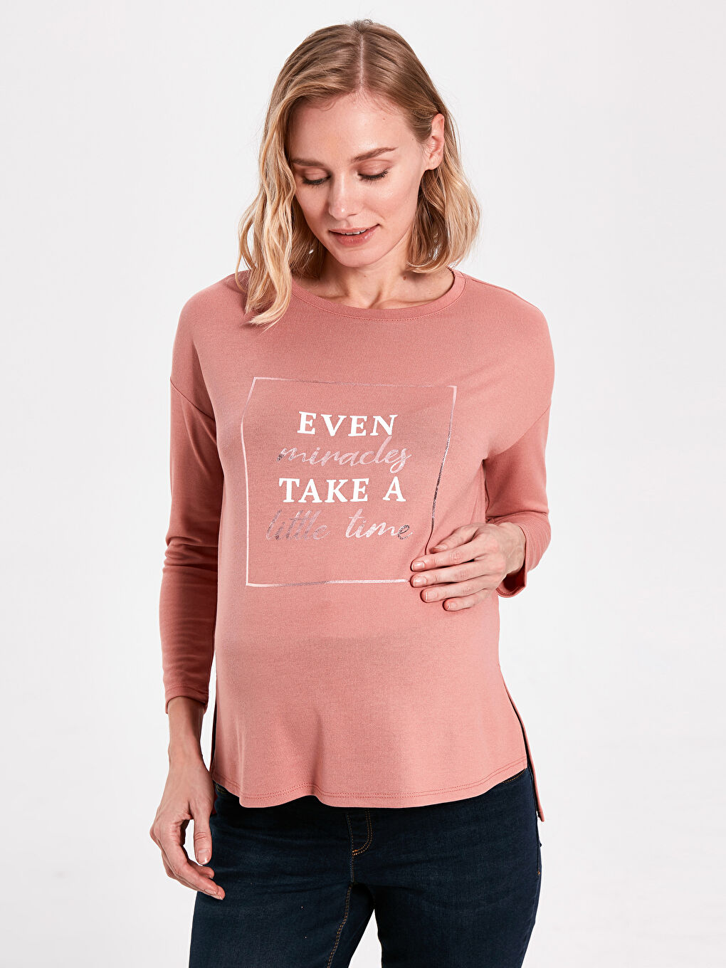 Pembe Bisiklet Yaka Uzun Kollu Hamile Slogan Baskılı Tişört-5