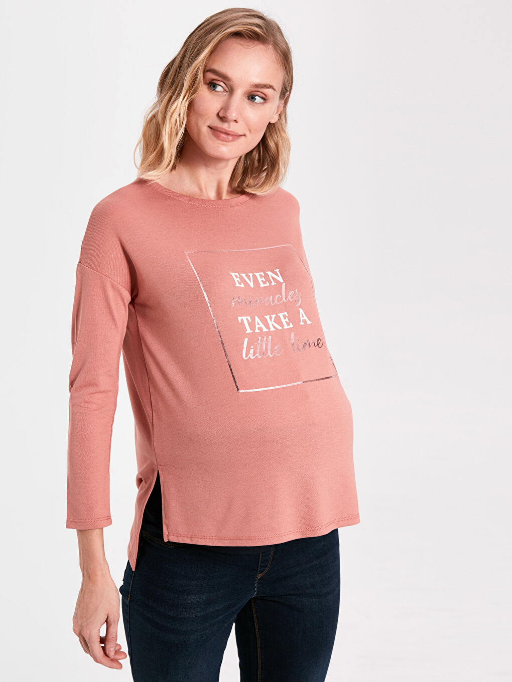 Pembe Bisiklet Yaka Uzun Kollu Hamile Slogan Baskılı Tişört-6