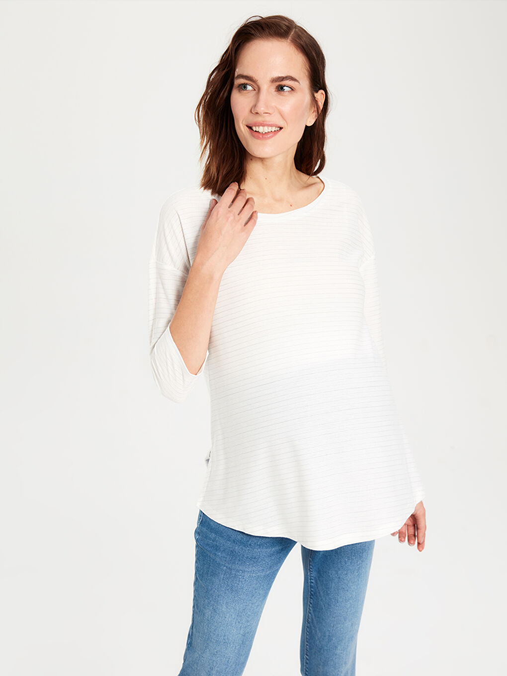 Ekru Bisiklet Yaka Düz Hamile Tişört-4