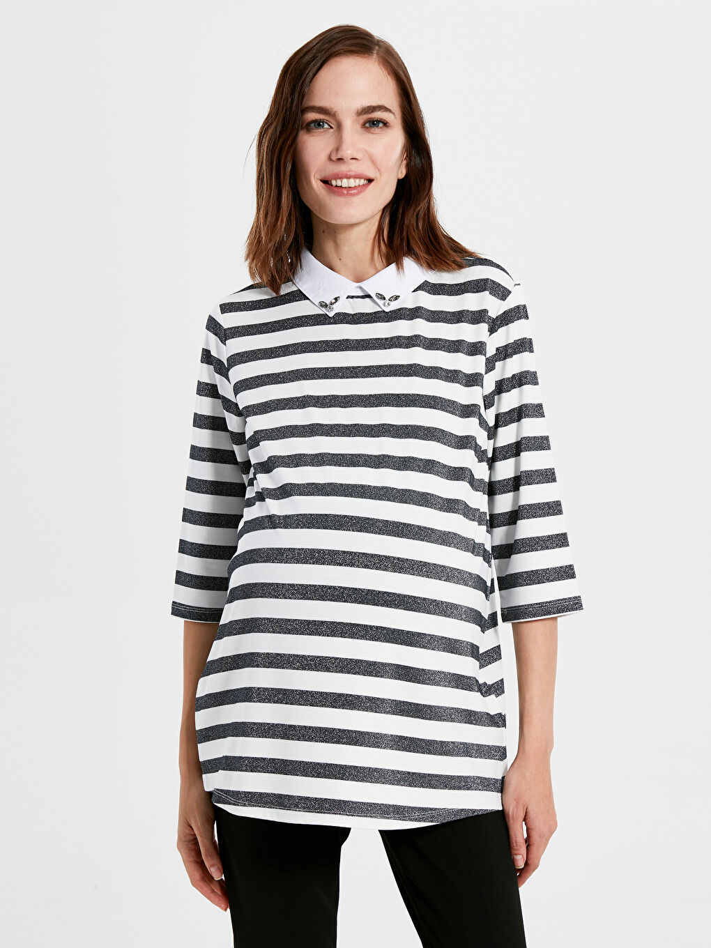 Lacivert Yaka Detaylı Çizgili Hamile Tişört