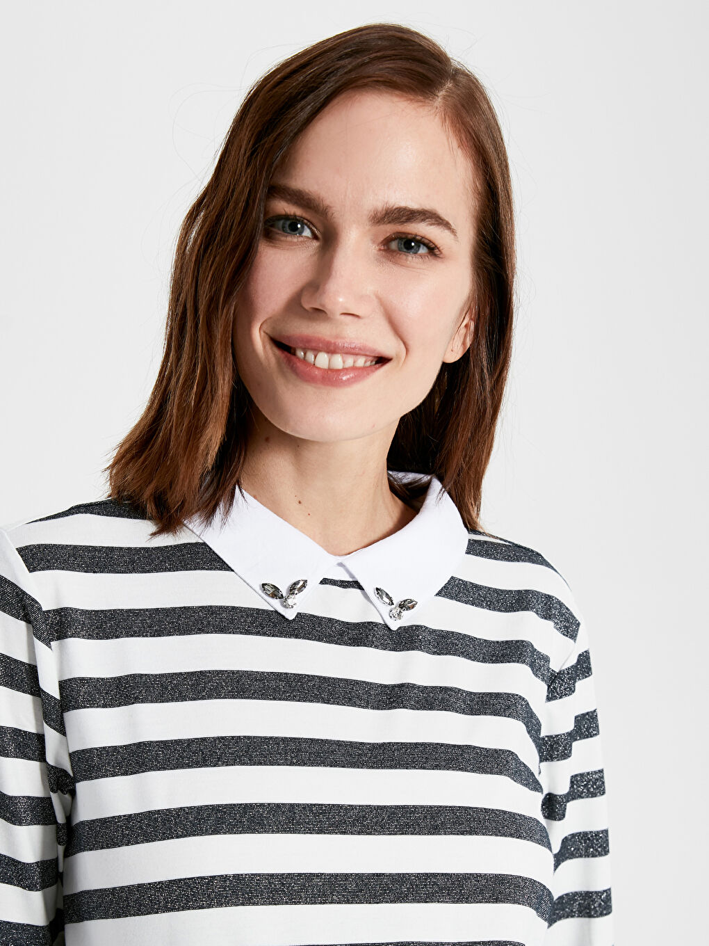 Lacivert Yaka Detaylı Çizgili Hamile Tişört-6